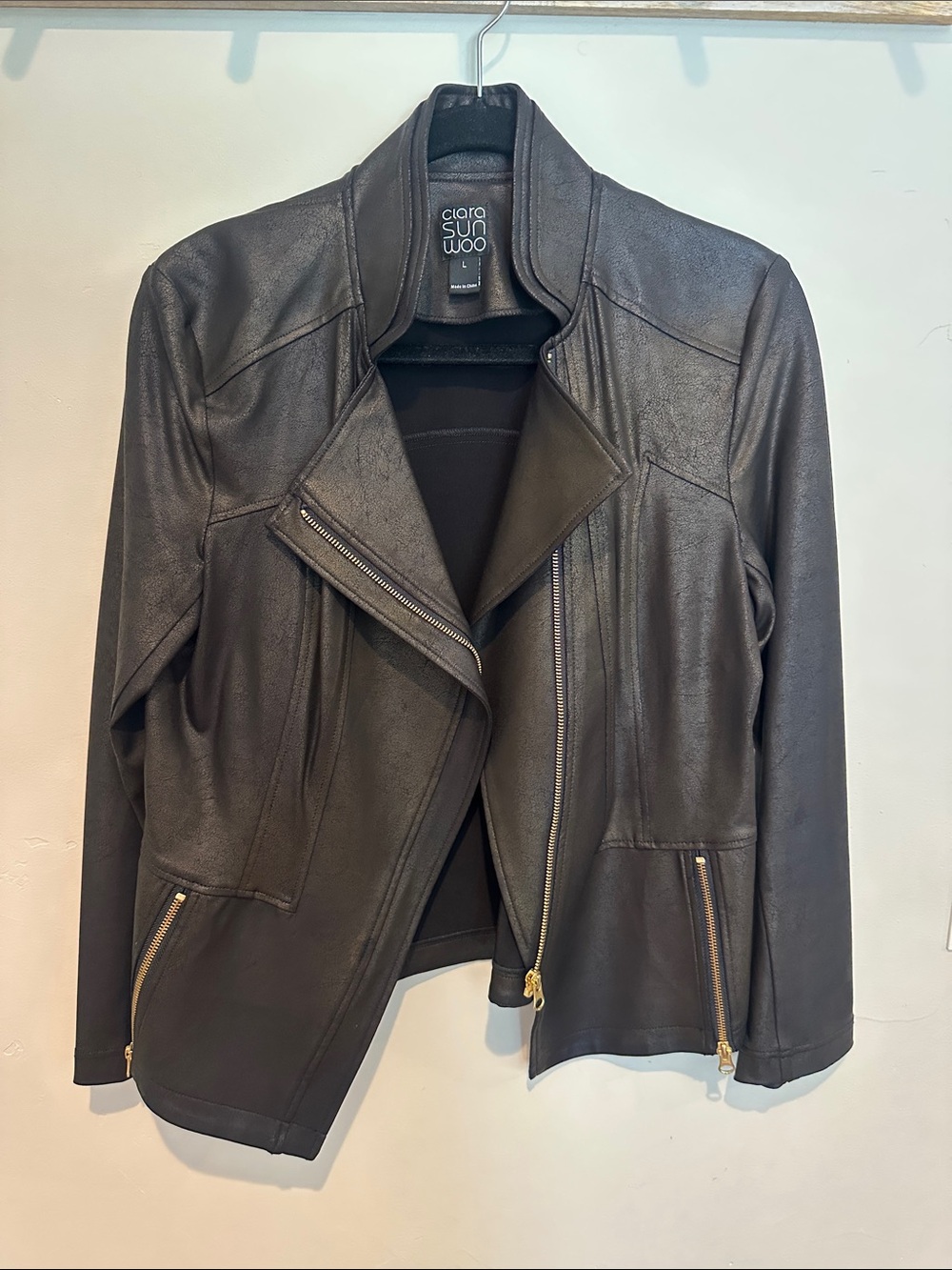 CLARA SUNWOO Black Faux Leather Moto Jacket with Gold Zippers